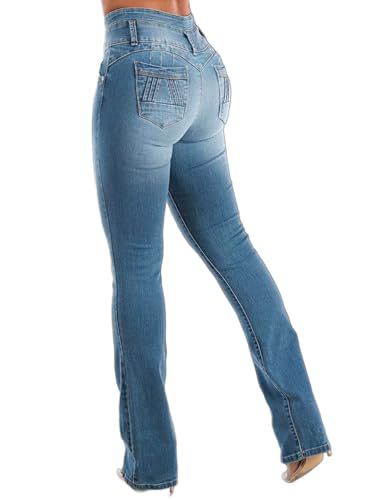 Flamingals Butt Lifting Jeans for Women Trendy High Waist Tummy Control Jeans Flare Bootcut Jeans Mid Blue L