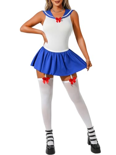 EHSUYAB 3Pcs Women Sailor Costume Halloween, Japanese School Girl Uniform Outfit, Snap Crotch Anime Cosplay Lingerie Set Medium