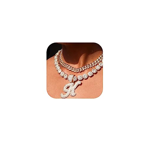 2pcs Cuban Link Chain for Women Cursive Silver Initial Necklace Hip Hop Iced Out Bling Diamond 14mm Letter Name Jewelry (K, Gold)