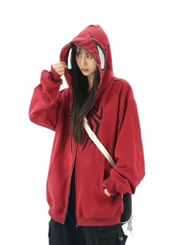 OATSBAS Y2K Hip Hop Spider Hoodie for Women Men Graphic Full Zip up Hoodies Oversized Kawaii Hoodies Spider Jacket (Red,Medium)