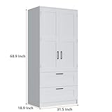 Fddevelop Wood White Wardrobe Closet with 2 Doors and Drawers，Bedroom Freestanding Armoire Storage Cabinet with Shelves，Wooden Wardrobe Combination for Hanging Clothes (White 2 Drawers)