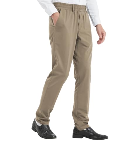 LETAOTAO Mens Elastic Waist Pants for Seniors High Stretch Expandable Waist Slacks for Elderly with Magnet Button (Khaki 42W x 32L)