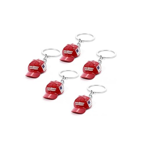 GSHLGAO 5Pcs Red MAGA Hat Metal Keychain,2024 Baseball Cap Keychain,Metal Key Chain Keychain Ring with USA Flag,Make America Great Again Red MAGA Hat Metal Keychain Baseball Cap Keychain