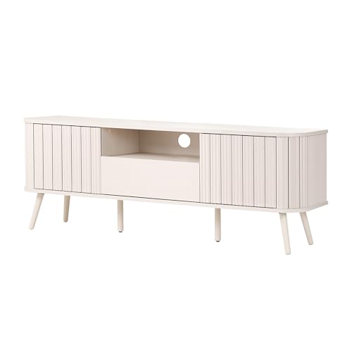 JONATHAN Y TVS1001D Damien 70 in. Farmhouse Curved TV Stand with Drawer and Storage Doors Fits TVs up to 75 in. with Cable Management, Off-White for Living Room, Bedroom, Dining Room