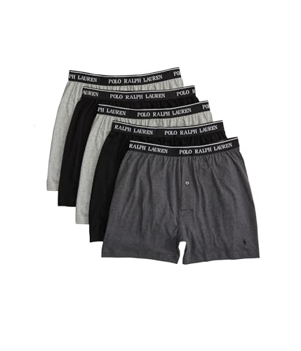 POLO RALPH LAUREN 5 Pack Classic Fit Cotton Knit Boxers 2 Andover Heather/Madison Heather/2 Polo Black LG