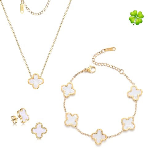 TICVRSS Lucky Clover Sets, 18K Gold Plated Van Cleef Four Leaf Bracelet, Necklace Pendant, Earrings for Women Flower Link Bracelets Set Jewelry Gifts for Women (White)