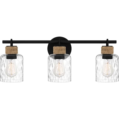 Quoizel Naturals Baltic Modern Vanity Lights, 24 Inch 3-Light Coastal Matte Black & Clear Water Glass Bathroom Lighting Fixtures Over Mirror, Wall Mount Light for Bathroom, Kitchen or Hallway