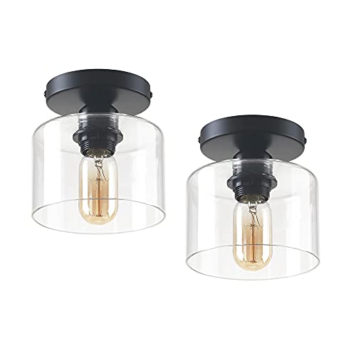Modern Semi-Flush Mount Ceiling Light, Rustic Ceiling Light Fixture for Closet, Hallway, Kitchen, Dining Room, Entryway, Farmhouse Lighting, Matte Black Finish, Clear Glass Shade, E26 (2 Pack)