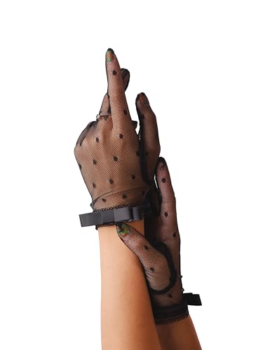 Sacina Goth Black Mesh Lace Bow Gloves, Gothic Y2k Lolita Vintage Costume Accessories