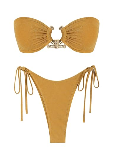 ZAFUL Bandeau Cut Out Swimsuits for Women Sexy Strapless Swimwear Cute Glitter Metallic Bikinis Gold Yellow XS