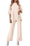 PRETTYGARDEN Women's 2 Piece Outfits Casual Short Sleeve Pullover Tops and Wide Leg Pants Lounge Sets Tracksuits (Beige,Medium)