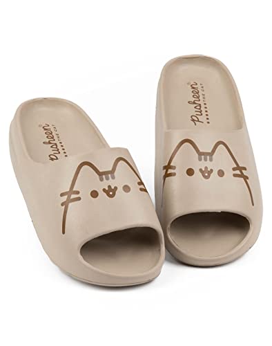 Pusheen Womens Sliders | Ladies Brown Moulded Ridge Bottom Sandals | Cartoon Cat Beachwear Summer Shoes | Slip-on Footwear