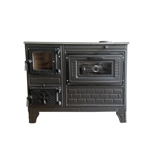 Cast Iron Stove with Oven, Durable Cast Baking Oven, Cooker Oven by Burning Wood, Warming Heater Stove, Oven Section with Thermometer, Brick Lined Fireplace Made in Turkiye (Black-with-Window)