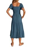 KIRUNDO Women's Summer Midi Dress Comfy Linen Button V Neck Ruffle Short Sleeve Swing A Line Midi Sundress Spring Fashion Casual Party Dresses(Blue, Small)