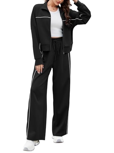AVAMO 2 Piece Tracksuit for Women Sweatsuits Sets Outfits Long Sleeve Zip Up Sweatshirt Long Pants Jogging Suits Black XL