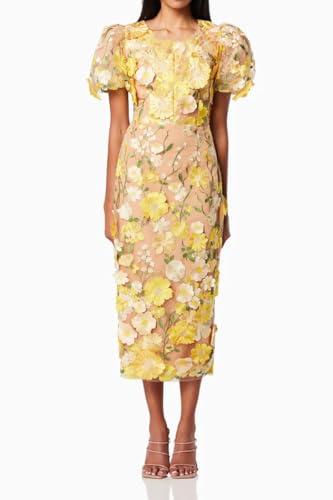 Women's 3D Floral Embroidery Dress Ruffle Sleeve Fishtail Lace Bodycon Party Cocktail Mini Dress (US, Alpha, Medium, Regular, Regular, Yellow)