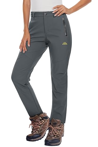 MAGCOMSEN Women's Fleece Lined Waterproof Insulated Softshell Pants Outdoor Snow Ski Pants Winter Warm Hiking Pants Dark Grey L