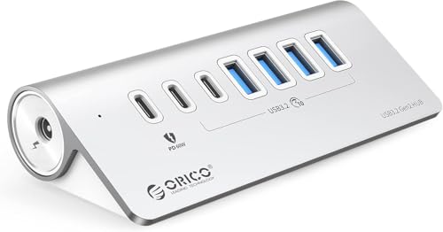 ORICO 7 Port USB Hub 10Gbps, Aluminum USB 3.2 Gen 2 Hub, 6 USB 3.2 Data Ports, 1 PD 60W Charging Ports, 24V 3A Power Adapter, 3.28Ft A to C Cable, USB Data Hub for Laptop