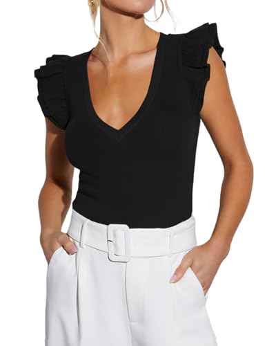 Womens Summer Ruffle Short Sleeve Shirts Sexy Deep V Neck Slim Fitted Tops Casual Knit Tee Blouses 2025 Preppy Clothing Black,M