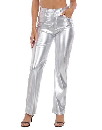 HDE Women's Shiny Metallic Faux Leather Pants High Waisted Straight Leg Trousers Silver - 6