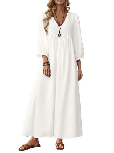 Celmia Cotton Dress for Women Summer Boho Puff Sleeve Linen Maxi Dress White XX-Large