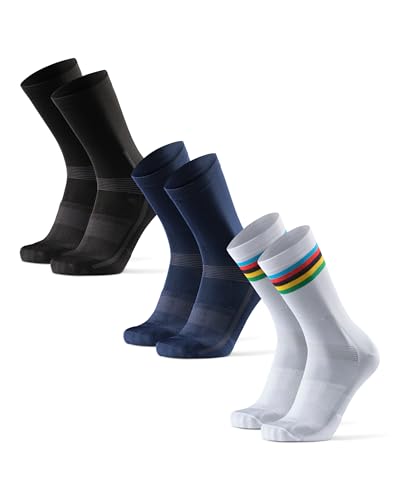 DANISH ENDURANCE Cycling Socks, Crew Length, Breathable, and Cushioned Bike Socks, for Men & Women, 3-Pack, Multicolor (1 x stripes, 1 x black, 1 x blue), Large
