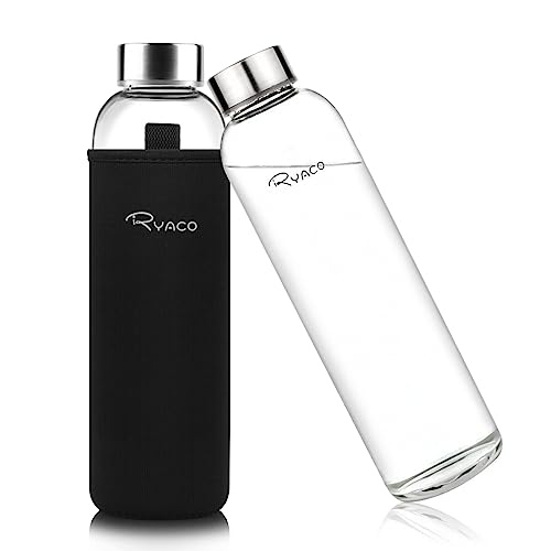 Ryaco Borosilicate Glass Water Bottle 1000ml/1L BPA-Free Leak Proof Ideal for School Home Office Travel Sport Yoga Gym Hot Cold Drinks with Portable Neoprene Carrying Sleeve and Sponge Brush