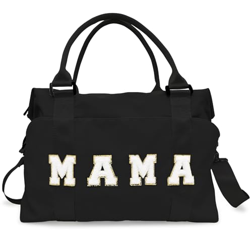 Chenille Letter Duffle Bag, Mama Bag With Patches, Nylon Chenille Letter Embroidered Travel Bag, Lightweight Adjustable Mom Hospital Bag With Zipper for Mothers Day Gifts (Black)