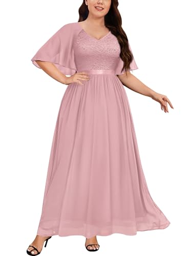 Knitee Women's Plus Size Half Sleeves Cape Dress Lace Chiffon V Neck Evening Party Maxi Dress Pink