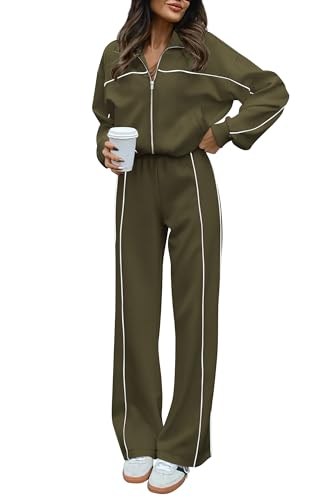 BTFBM Women's Two Piece Tracksuit Fall 2025 Long Sleeve Zip Up Sweatshirt Long Pants Outfits Jogger Sweatsuit Sets(Solid Army Green,Small)