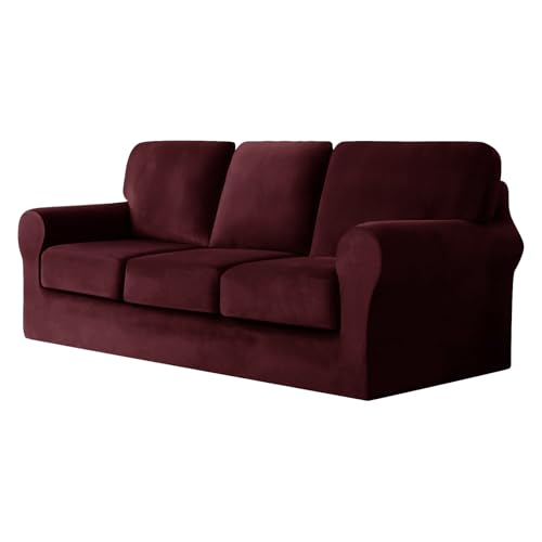 UNBBRRL 7 Piece Couch Covers for Sofa, Replacement Ektorp Sofa Cover 3 Seat with 1 Main Cover / 3 Seat Cushion Covers / 3 Backrest Covers, Velvet Settee Cover 3 Seater (Burgundy)