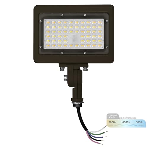 NUWATT 50W LED Flood Light, 3CCT 3000K/4000K/5000K Selectable, IP65 Waterproof Lighting, Adjustable Knuckle Mount, 7050LM, 0-10V Dimmable, 120-277V, Outdoor Security Floodlight for Yard, Bronze, UL