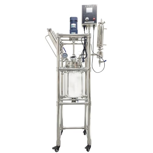 Yokoma 110V Double-Layer Jacketed Glass Reactor Reaction Kettle 10L Chemical Lab Vessel Device for Reaction Distillation with Stainless Steel Support Frame and Wheels Adjustable Speed 0-600RPM