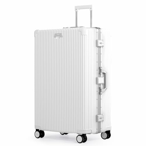 Nobl Travel Zipperless Check In Suitcase - Aluminum Frame, Check In luggage 30.2x20x12 Airline Approved by Noble Travel - Unbreakable Polycarbonate Shell - Dual TSA Locks, 360° Spinner Wheels - White