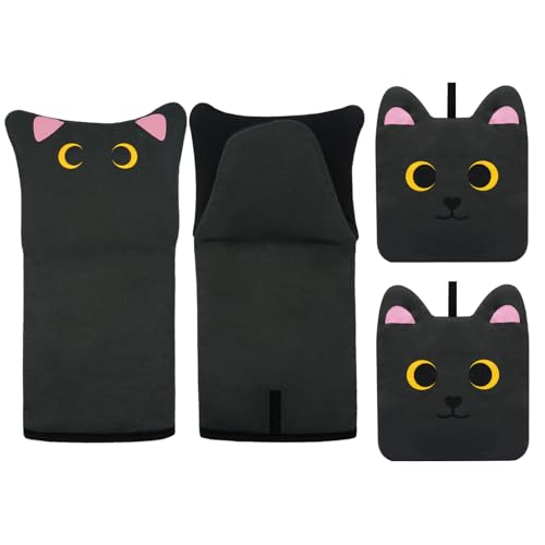 LSYDCARM Oven Mitts, Cute Black Cat Oven Mitts and Pot Holders Sets, Funny Silicone Cooking Gloves with Potholders for Kitchen Heat Resistant, Soft Cotton Inner Lining Gloves for Baking, Microwave