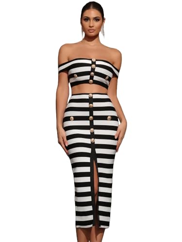 Women Stripe Off Shoulder Crop Top and High Waist Skirt Two Piece Sets Celebrity Evening Club Party Outfits Black