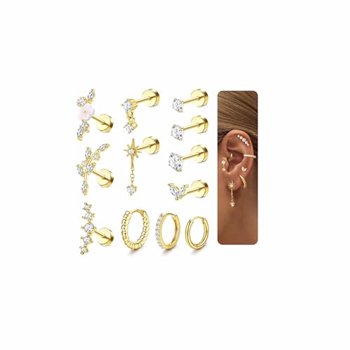 LOLIAS 16 Gauge Cartilage Earrings for Women Flat Back-Hypoallergenic Surgical Stainless Steel Stud Hoop Cartilage Earring Set Daith Conch Tragus Helix Piercing Jewelry Gold