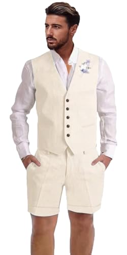 Dsteng Mens Linen Suit 2 Piece Short Suits for Men Casual Summer Beach Wedding Suit Linen Beige Vest Shorts Set 4X-Large