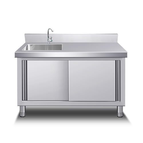 Kitchen Sink and Cabinet Utility Sink with Cabinet Outdoor Stainless Steel Sink Kitchen Sink Cabinet w/Cold and Hot Water Pipe Faucet w/Workbench & Storage Cabinet for Outdoor Indoor.