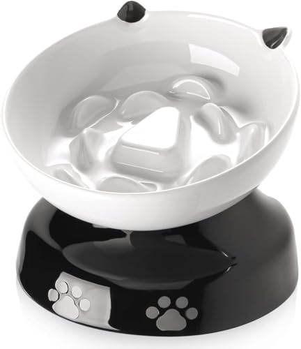 Y YHY Ceramic Cat Slow Feeder, Elevated Dog Food Bowl Tilted Design, Slow Feeder Bowl no Black Chin, Cat Shape for Dry and Wet Food