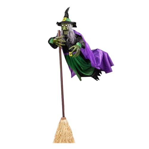 6ft Large Animated Flying Hover Witch - Halloween Outdoor Decorations, Spooky Realistic Glowing Witch Broom for Front Porch, Yard, Garden Decor