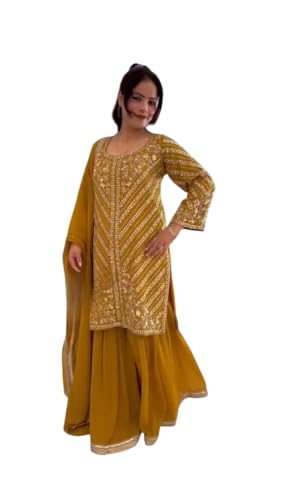 AURACRAFT TRENDS Women's Faux Georgette Embroidery Sequence Work Straight Kurta With Pant & Dupatta Set (Orange-XXL)