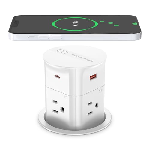 ANNQUAN 3.15" Pop Up Countertop Outlet with 15W Wireless Charger,Max 20W Power Delivery,800J Surge Protection,Pop Up Electrical Outlet with 4 Outlets 4 USB Ports for Home Office(ETL Listed)