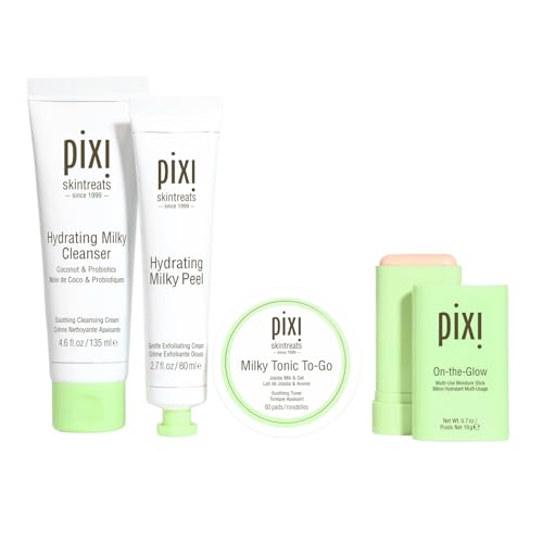 Pixi Beauty Hydrating Milky Glowing Bundle: On-the-Glow Solid Moisture Stick, Hydrating Milky Cleanser, Hydrating Milky Peel, and Milky Tonic to=Go