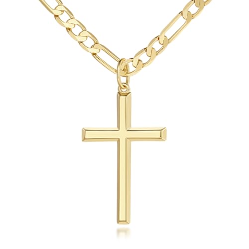 Verniflloga 14k Gold Cross Necklace for Men Large Gold Cross Pendant Figaro Chain for Mens Gold Chain 5mm Masculine Appeal 20, 22, 24 Inch (22inch)