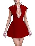 LuFeng Women's Summer Sexy Cap Sleeve Deep V Neck Zipper A-line Mini Dress Hollow Bodycon Night Out Party Dress Red