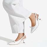 Greatonu Women's White Bow Tie Kitten Heels Slingback Pumps Pointed Toe Low Heel Dress Heeled Shoes Size 8