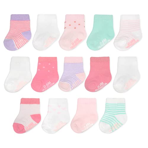 Fruit of the Loom Baby 14-Pack Grow & Fit Flex Zones Cotton Stretch Socks - Unisex, Girls, Boys (0-6 Months, Pink Stripe)