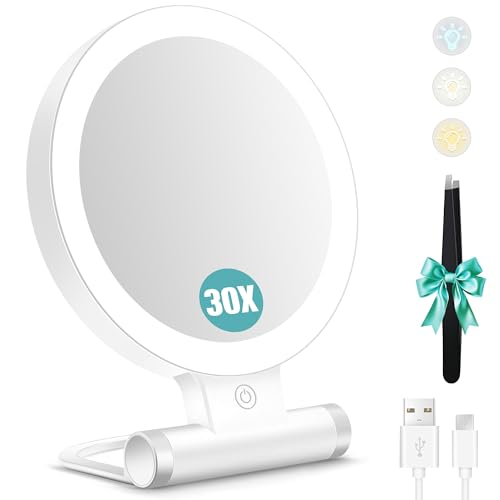 B Beauty Planet Magnifying Mirror with Light 30X, Double-Sided 1X/ 30X Magnifying Makeup Mirror with Tweezer, 2000mAh 3 Colour Modes with Adjustable Brightness,Foldable Travel Mirror(9" L x 7" W)