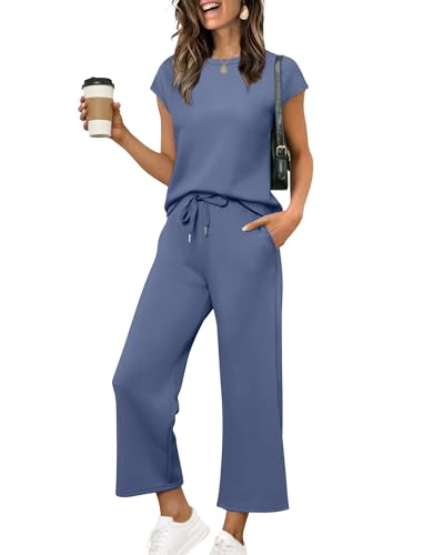 SAMPEEL Lounge Sets for Women 2 Piece Summer Vacation Outfits Spring Fashion Beach Wide Leg Crop Pants Sets Cap Sleeve Tops Blue L